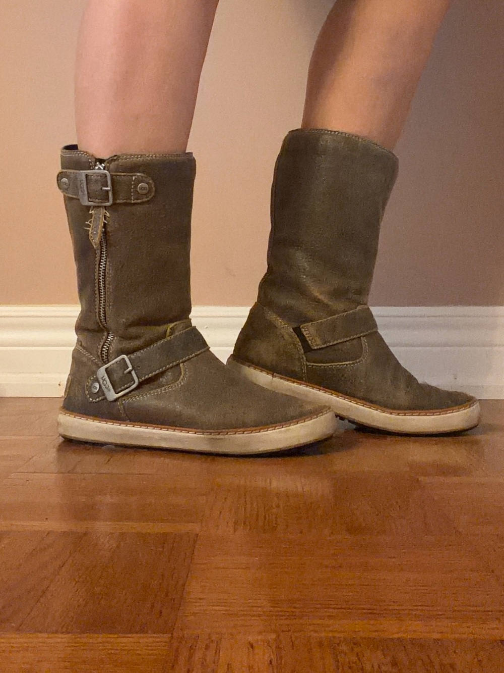 UGG Distressed Leather Rubber Sole Mid-Calf Buckle Boots
